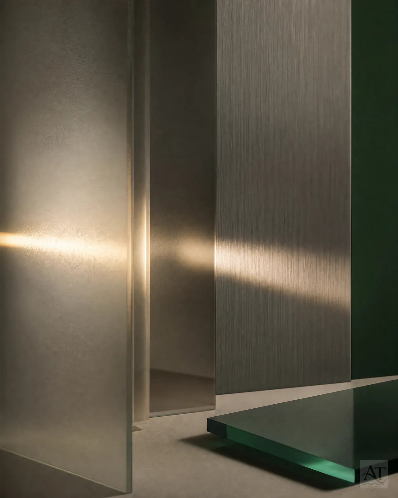 Composição editorial em materiais naturais e luz lateral.