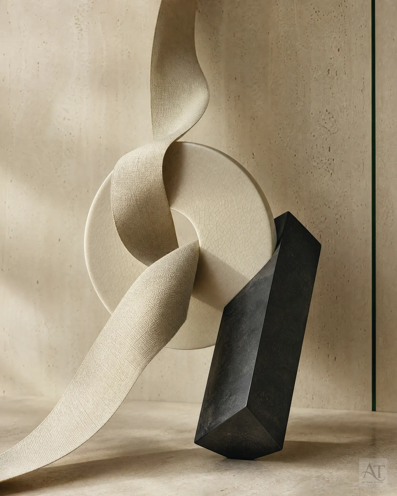 Composição editorial em materiais naturais e luz lateral.