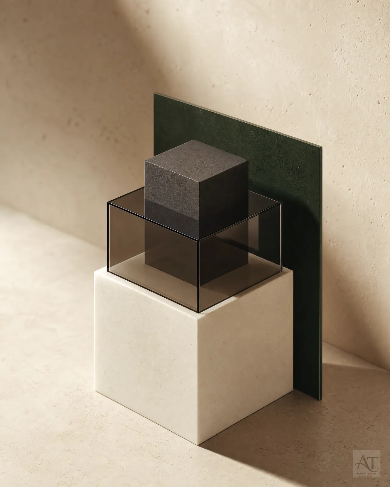 Composição editorial em materiais naturais e luz lateral.