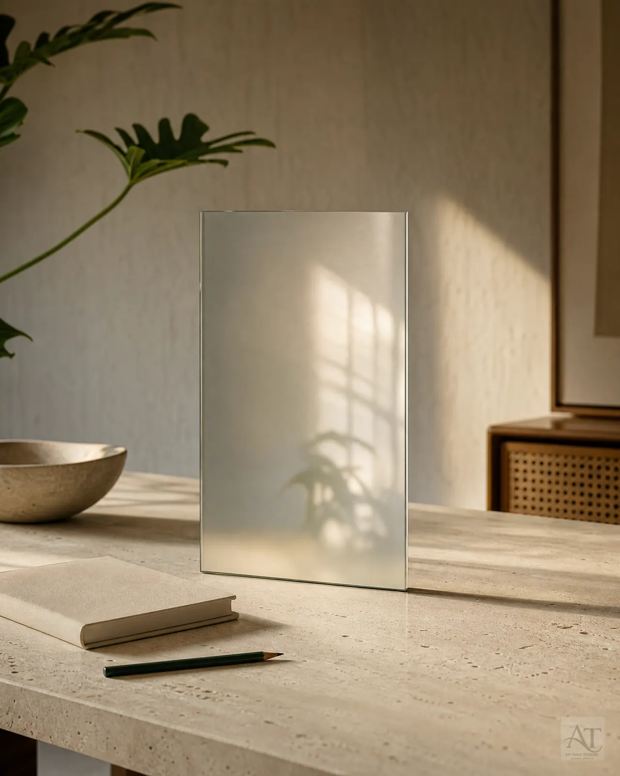 Composição editorial em materiais naturais e luz lateral.