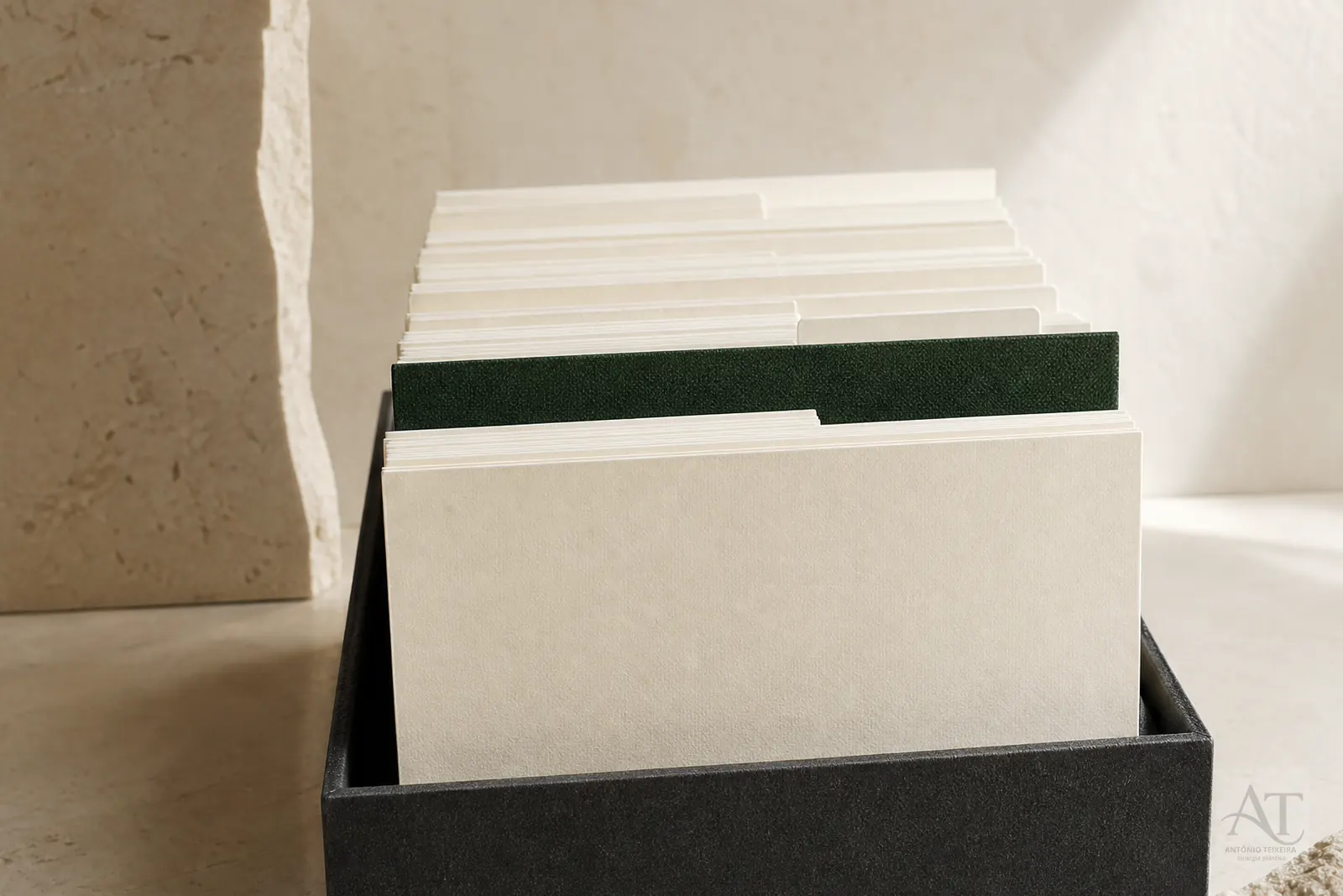Composição editorial em materiais naturais e luz lateral.