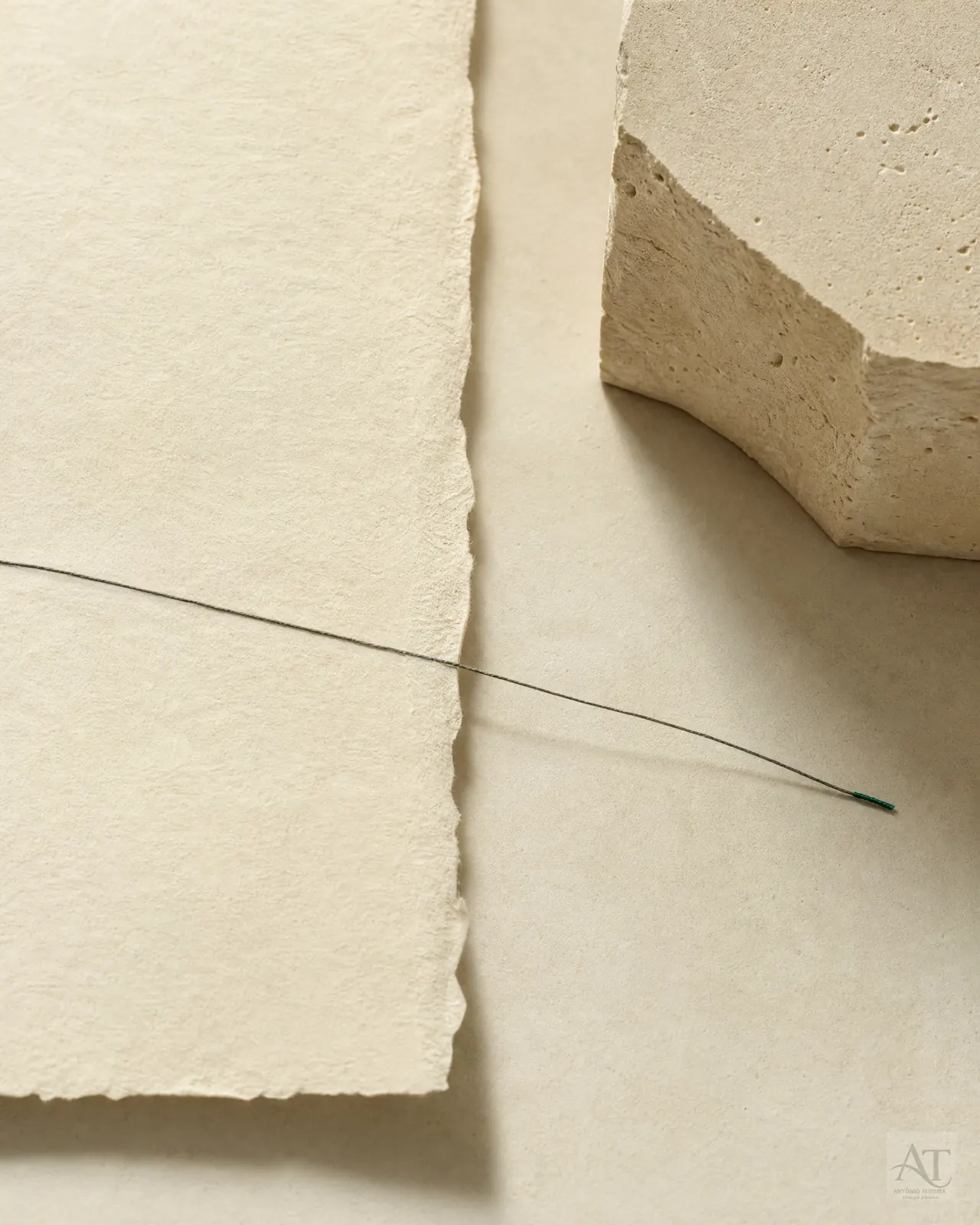 Composição editorial em materiais naturais e luz lateral.