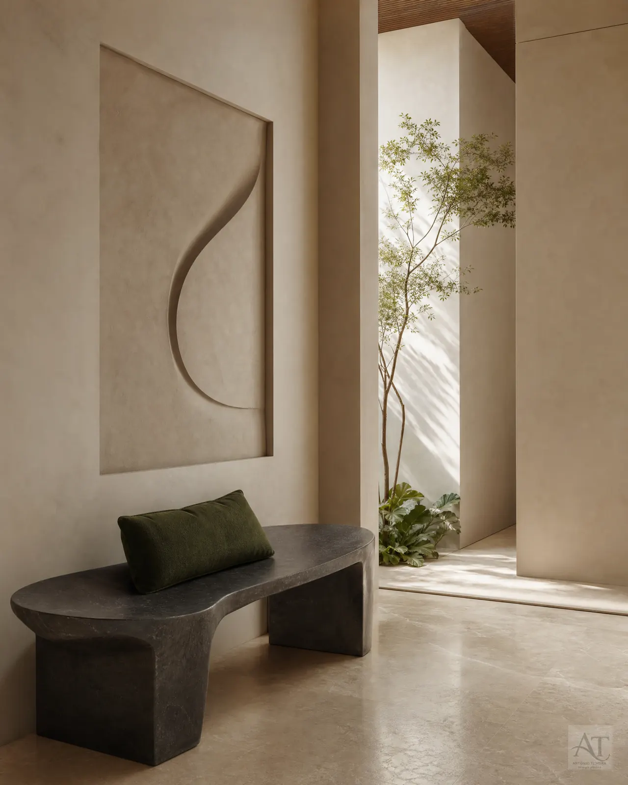 Composição editorial em materiais naturais e luz lateral.