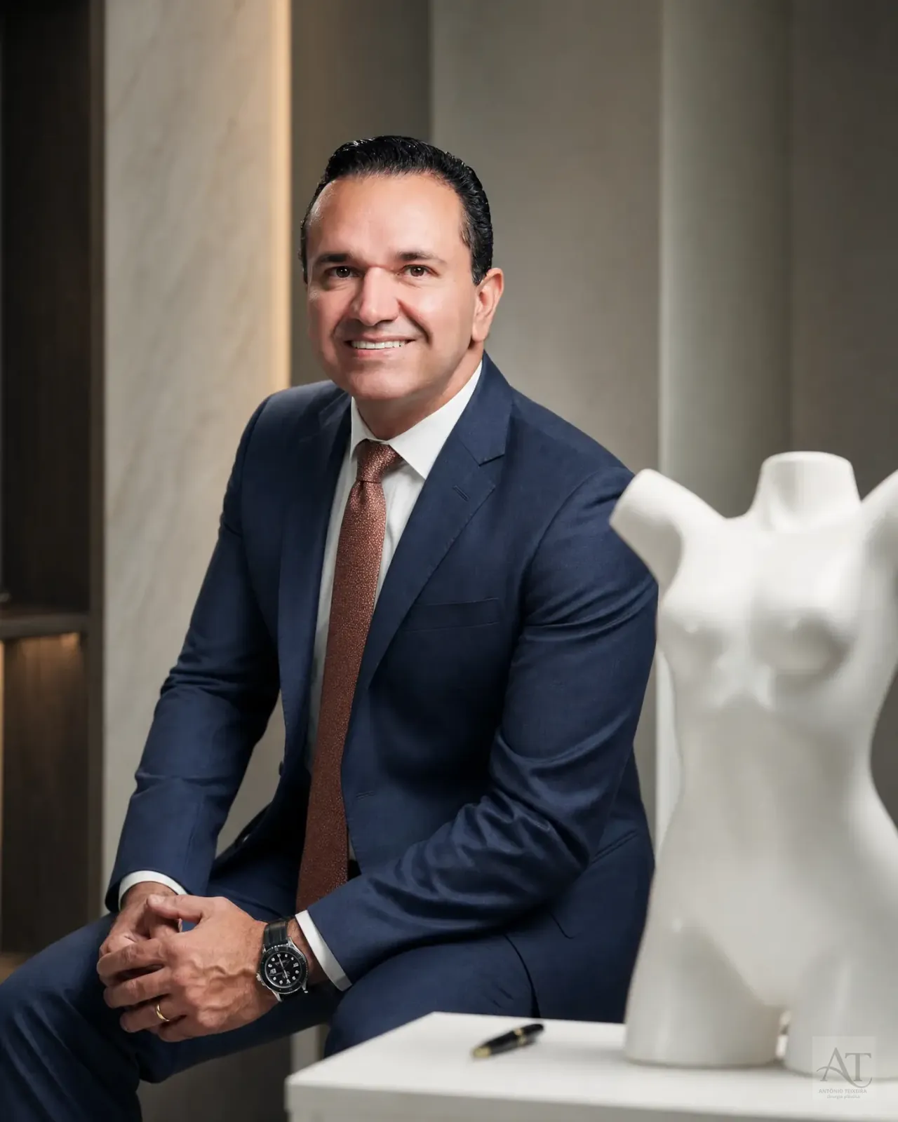 Dr. Antônio Teixeira ao lado de peça escultórica de estudo de proporção